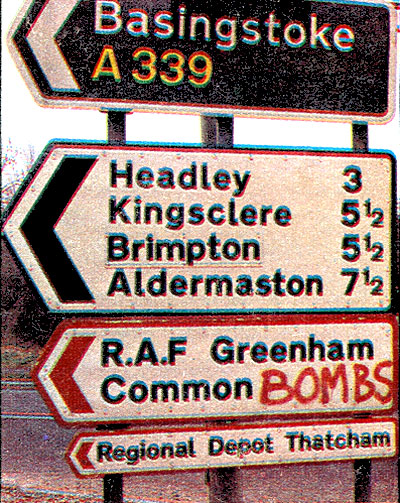 Greenham Common road sign. Source: Observer, 1982, December 12 p. 11.