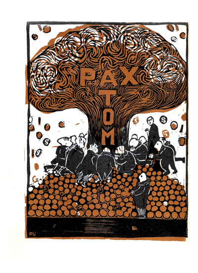 Pax Atom. woodcut by Per Ulrich. Dialog 1952:7, backcover.
