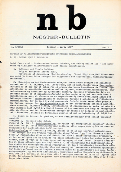 Militærnægterforeningens medlemsblad NB: 1967 vol. 1 nr. 1